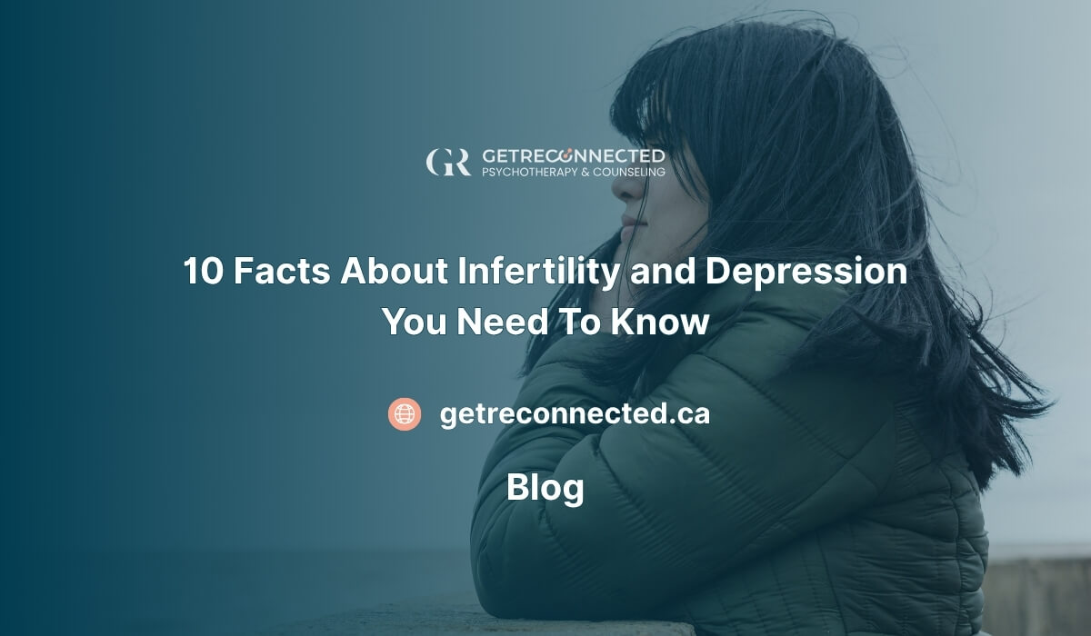 A reflective woman outdoors is used as the main header image for a blog on infertility and depression. Image used by Get Reconnected Psychotherapy Services. Contact info@getreconnected.ca.